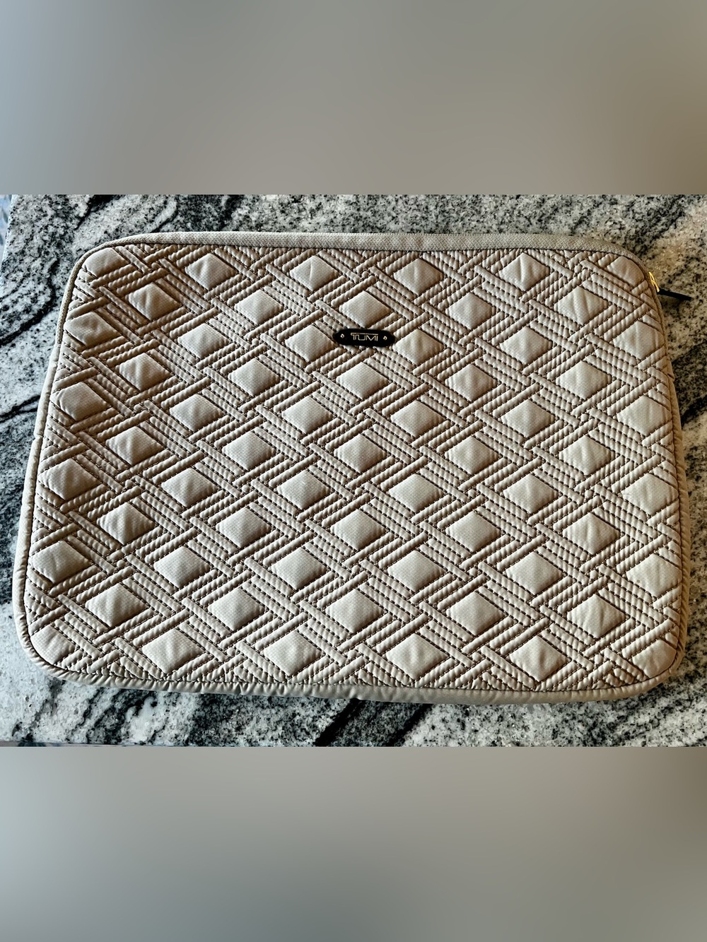 Tumi Beige Quilted Padded Laptop Zip Sleeve Computer Case 11” x 14”